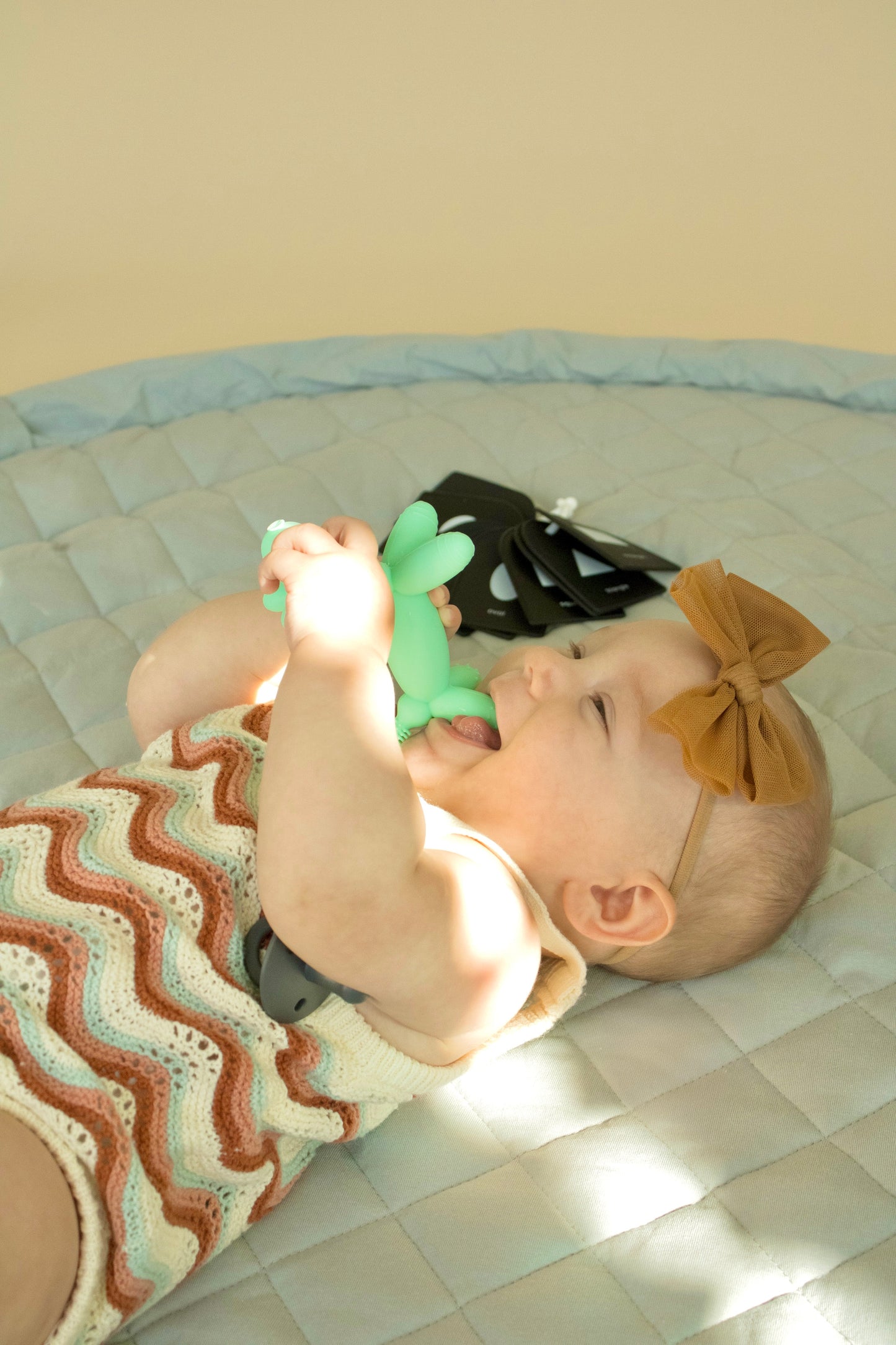 Puffling Party Animal Teether, Mint green Color, nontoxic baby teether, teething toy, silicone, mushie, mushie teether, baby chewing on teether