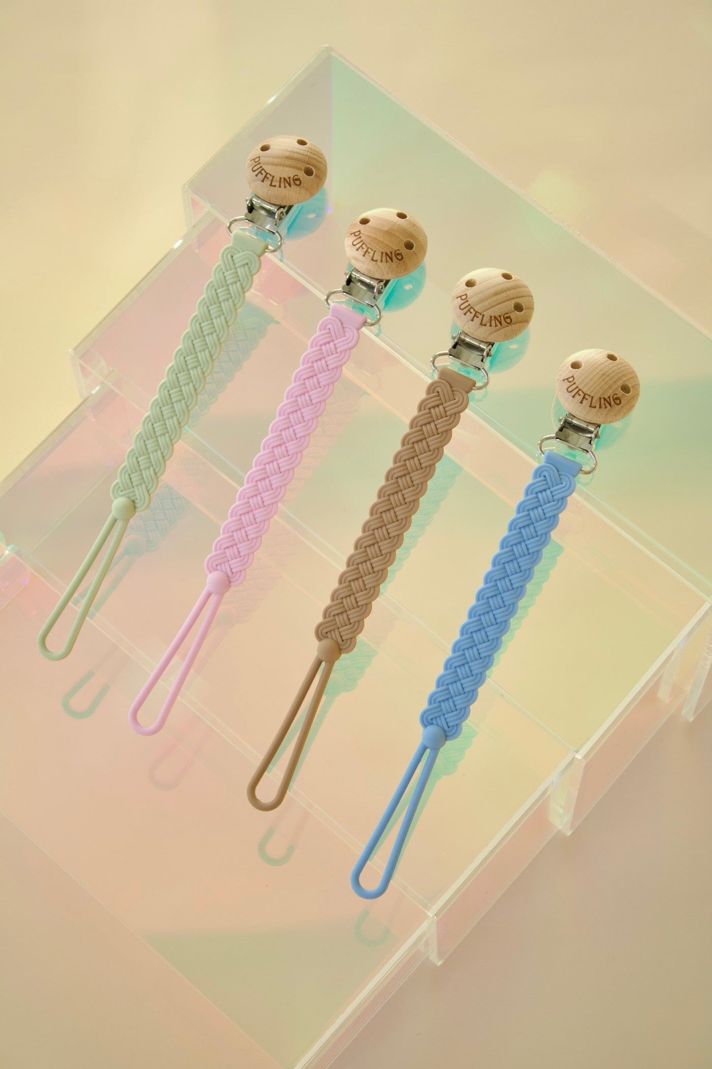 Puffling Woven Anti-drop Pacifier Clip, mushie pacifier clip, dummy clip, binky clip, silicone pacifier clip, blue cerulean color, four colors laid out