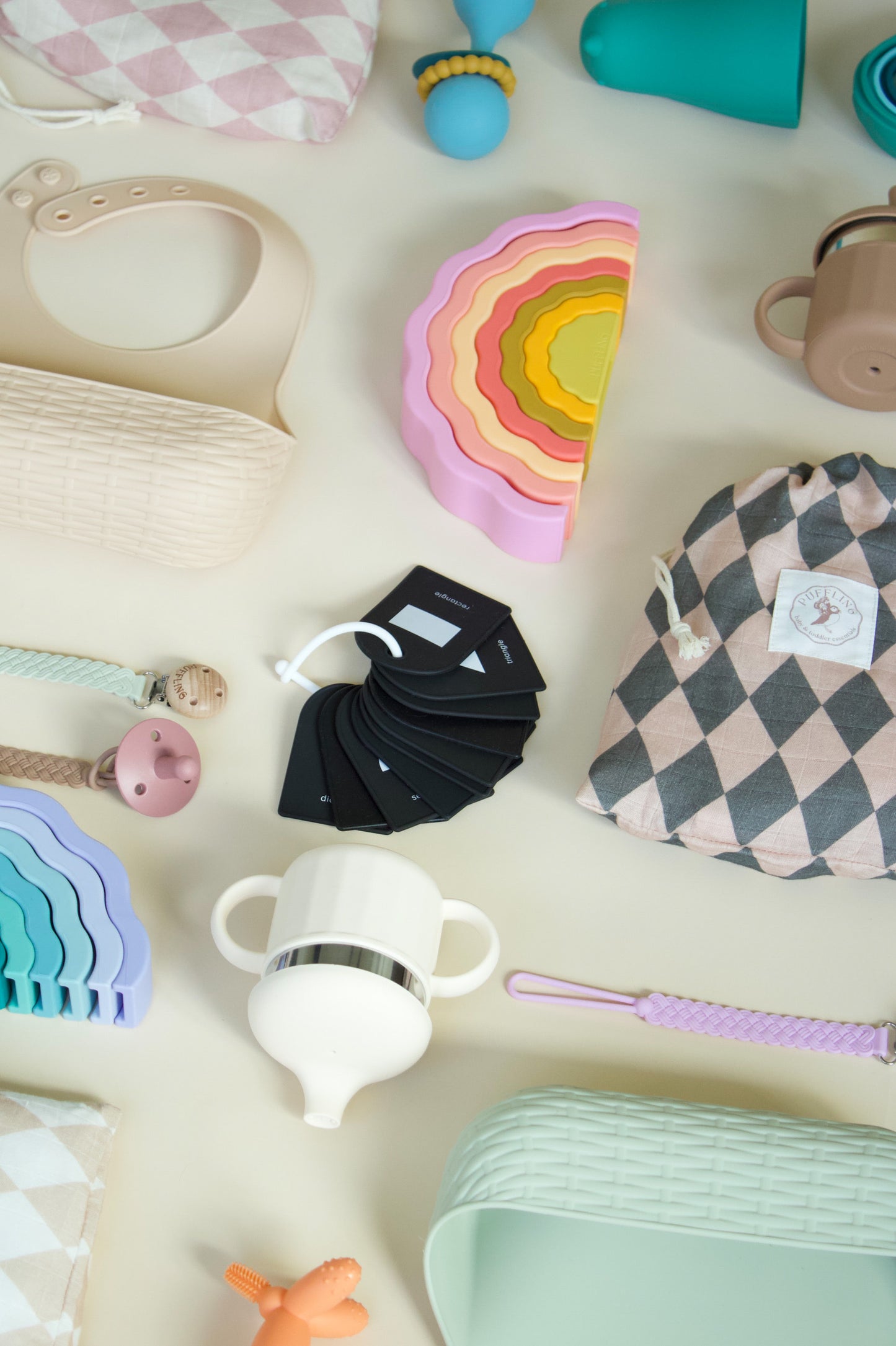 Puffling Essential Sippy Cup, stainless steel sippy cup, silicone sippy cup, nontoxic toddler cup, white, coconut milk color, photo with puffling products