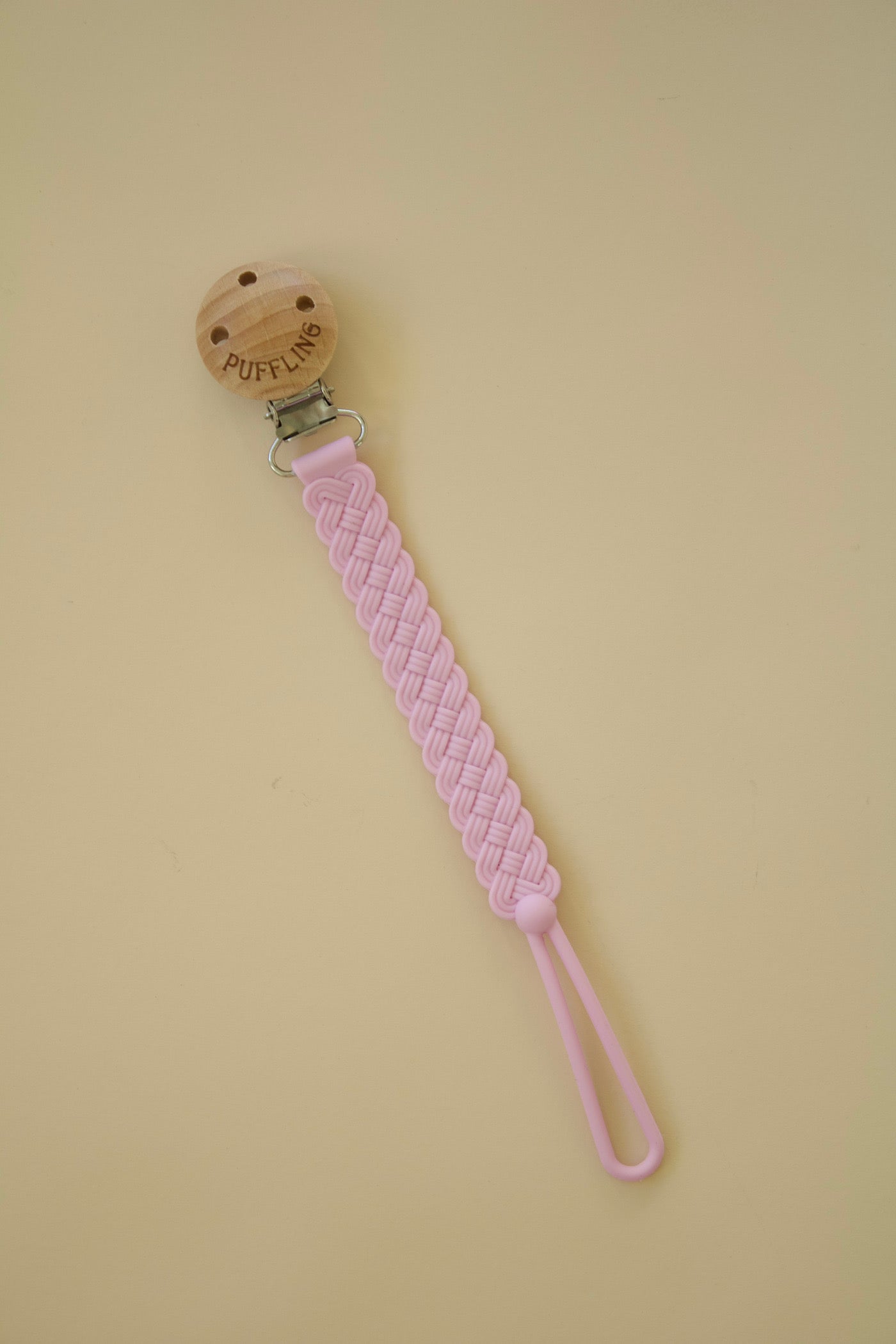 Puffling Woven Anti-drop Pacifier Clip, mushie pacifier clip, dummy clip, binky clip, silicone pacifier clip, pink purple orchid color, diagonal lay