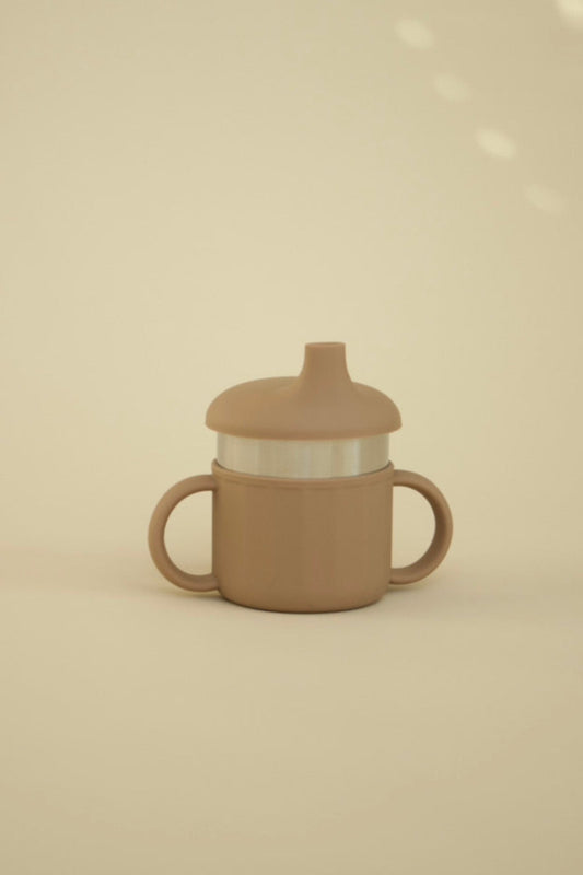 Puffling Essential Sippy Cup, stainless steel sippy cup, silicone sippy cup, nontoxic toddler cup, brown, hazelnut color, unbreakable, leakproof, front view